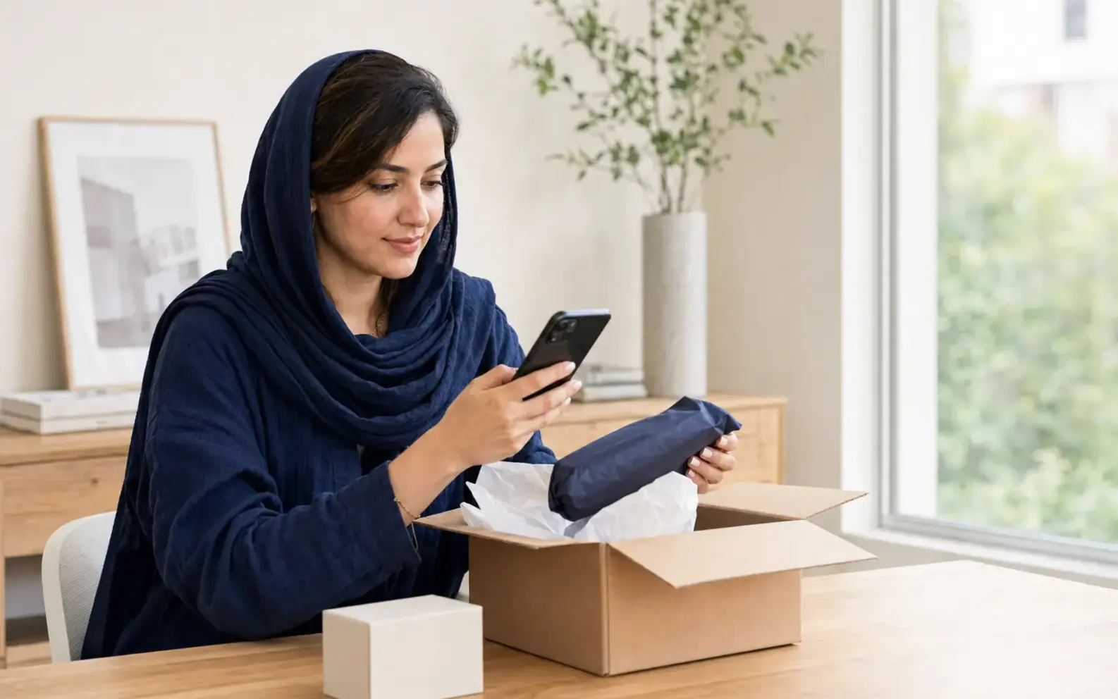 مشتری در حال بررسی خرید پس از دریافت سفارش اینترنتی